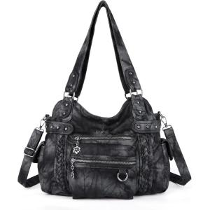 Angel Kiss Hobo Handbags for Women Soft PU Leather Shoulder Handbags Ladies Purses(Black Grey)