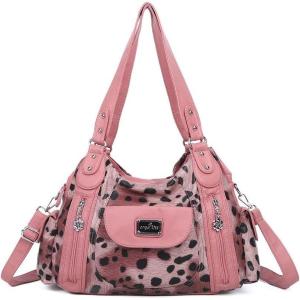 Angel Kiss Purses for Women, Large Shoulder Bag Hobo Tote Purse Mutipocket Faux Leather Satchel Hobo Purse(Leopard Pink)