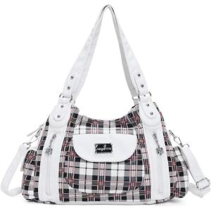 Angel Kiss Purses for Women, Large Shoulder Bag Hobo Tote Purse Mutipocket Faux Leather Satchel Hobo Purse(Plaid White)