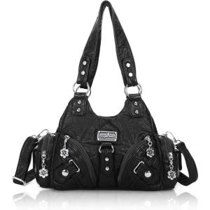 Angel Kiss Purses for Women Small Hobo Shoulder Bags Vagen Leather Multi-Pocket Tote Bag with Zipper(Black)