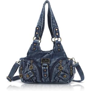 Angel Kiss Purses for Women Small Hobo Shoulder Bags Vagen Leather Multi-Pocket Tote Bag with Zipper(Denim Blue)