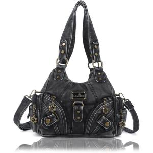 Angel Kiss Purses for Women Small Hobo Shoulder Bags Vagen Leather Multi-Pocket Tote Bag with Zipper(Retro Black)