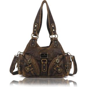 Angel Kiss Purses for Women Small Hobo Shoulder Bags Vagen Leather Multi-Pocket Tote Bag with Zipper(Retro Brown)