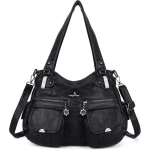 Angel Kiss Women’s Designer Handbag Large Double Zipper Multi Pocket Washed Leather Purse(1-1#black)