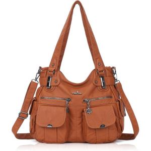 Angel Kiss Women’s Designer Handbag Large Double Zipper Multi Pocket Washed Leather Purse(1-2#brown)