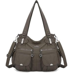 Angel Kiss Women’s Designer Handbag Large Double Zipper Multi Pocket Washed Leather Purse(1-clay Grey)