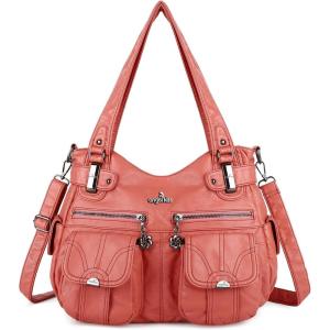 Angel Kiss Women’s Designer Handbag Large Double Zipper Multi Pocket Washed Leather Purse(1-coral)