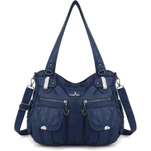 Angel Kiss Women’s Designer Handbag Large Double Zipper Multi Pocket Washed Leather Purse(1-d.blue)