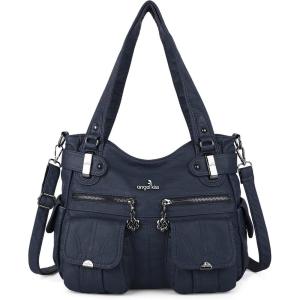 Angel Kiss Women’s Designer Handbag Large Double Zipper Multi Pocket Washed Leather Purse(1-denim Blue)