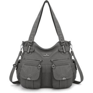 Angel Kiss Women’s Designer Handbag Large Double Zipper Multi Pocket Washed Leather Purse(1-grey)