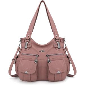 Angel Kiss Women’s Designer Handbag Large Double Zipper Multi Pocket Washed Leather Purse(1-pink)