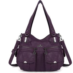 Angel Kiss Women’s Designer Handbag Large Double Zipper Multi Pocket Washed Leather Purse(1-purple)