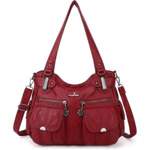 Angel Kiss Women’s Designer Handbag Large Double Zipper Multi Pocket Washed Leather Purse(1-red)