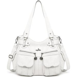 Angel Kiss Women’s Designer Handbag Large Double Zipper Multi Pocket Washed Leather Purse(1-white)