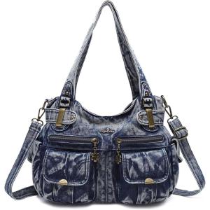 Angel Kiss Women’s Designer Handbag Large Double Zipper Multi Pocket Washed Leather Purse(2-denim Blue)