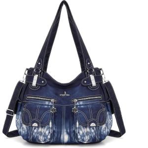 Angel Kiss Women’s Designer Handbag Large Double Zipper Multi Pocket Washed Leather Purse(2-tie-dyed Blue)