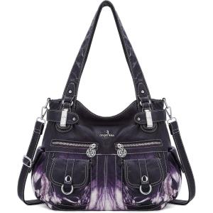 Angel Kiss Women’s Designer Handbag Large Double Zipper Multi Pocket Washed Leather Purse(2-tie-dyed Purple)