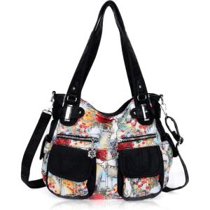 Angel Kiss Women’s Designer Handbag Large Double Zipper Multi Pocket Washed Leather Purse(3-flower-black)