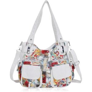 Angel Kiss Women’s Designer Handbag Large Double Zipper Multi Pocket Washed Leather Purse(3-flower-white)
