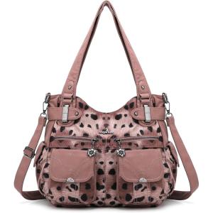 Angel Kiss Women’s Designer Handbag Large Double Zipper Multi Pocket Washed Leather Purse(3-pink Leopard)