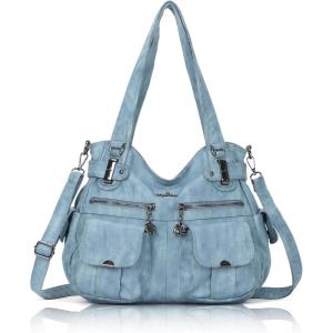 Angel Kiss Women’s Designer Handbag Large Double Zipper Multi Pocket Washed Leather Purse(Blue)