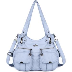 Angel Kiss Women’s Designer Handbag Large Double Zipper Multi Pocket Washed Leather Purse(L.blue)