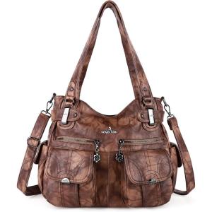 Angel Kiss Women’s Designer Handbag Large Double Zipper Multi Pocket Washed Leather Purse(Retro Brown)
