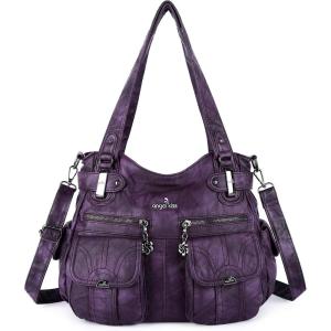 Angel Kiss Women’s Designer Handbag Large Double Zipper Multi Pocket Washed Leather Purse(Retro Purple)