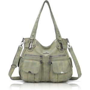 Angel Kiss Women’s Designer Handbag Large Double Zipper Multi Pocket Washed Leather Purse(Stone-yellow)