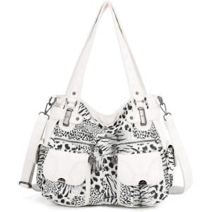 Angel Kiss Women’s Designer Handbag Large Double Zipper Multi Pocket Washed Leather Purse(White – Leopard)