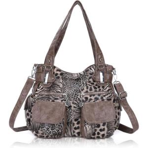 Angel Kiss Women’s Designer Handbag Large Double Zipper Multi Pocket Washed Leather Purse(Yellow – Leopard)