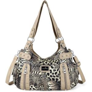 Angelkiss Large Purses and Handbags for Women Washed Faux Leather Crossbody Hobo Satchel Shoulder Handbag Tote Purse(Leopard-brown/Beige)