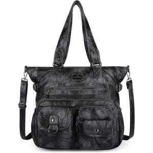 Angelkiss Purses Handbags for Women PU Tote Satchel Bags for Women Pockets Shoulder Bags…(Black Grey)
