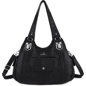 Angelkiss Purses and Handbags for Women Washed Vegan Leather Crossbody Hobo Satchel Shoulder Tote Purse(1black)