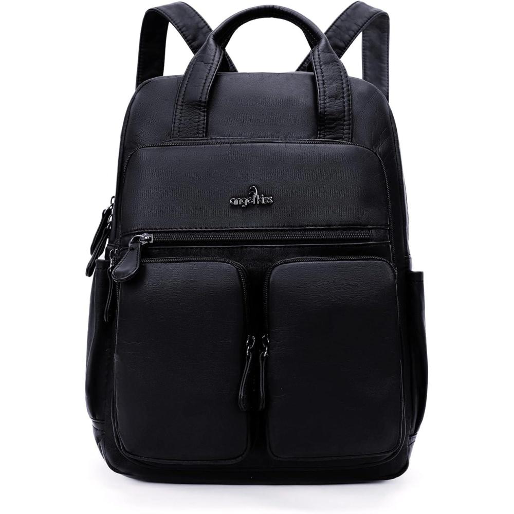 imageAngel Kiss Backpack Purse for Women Soft Washed Leather Multi Pocket Casual Travel BackpacksBlack