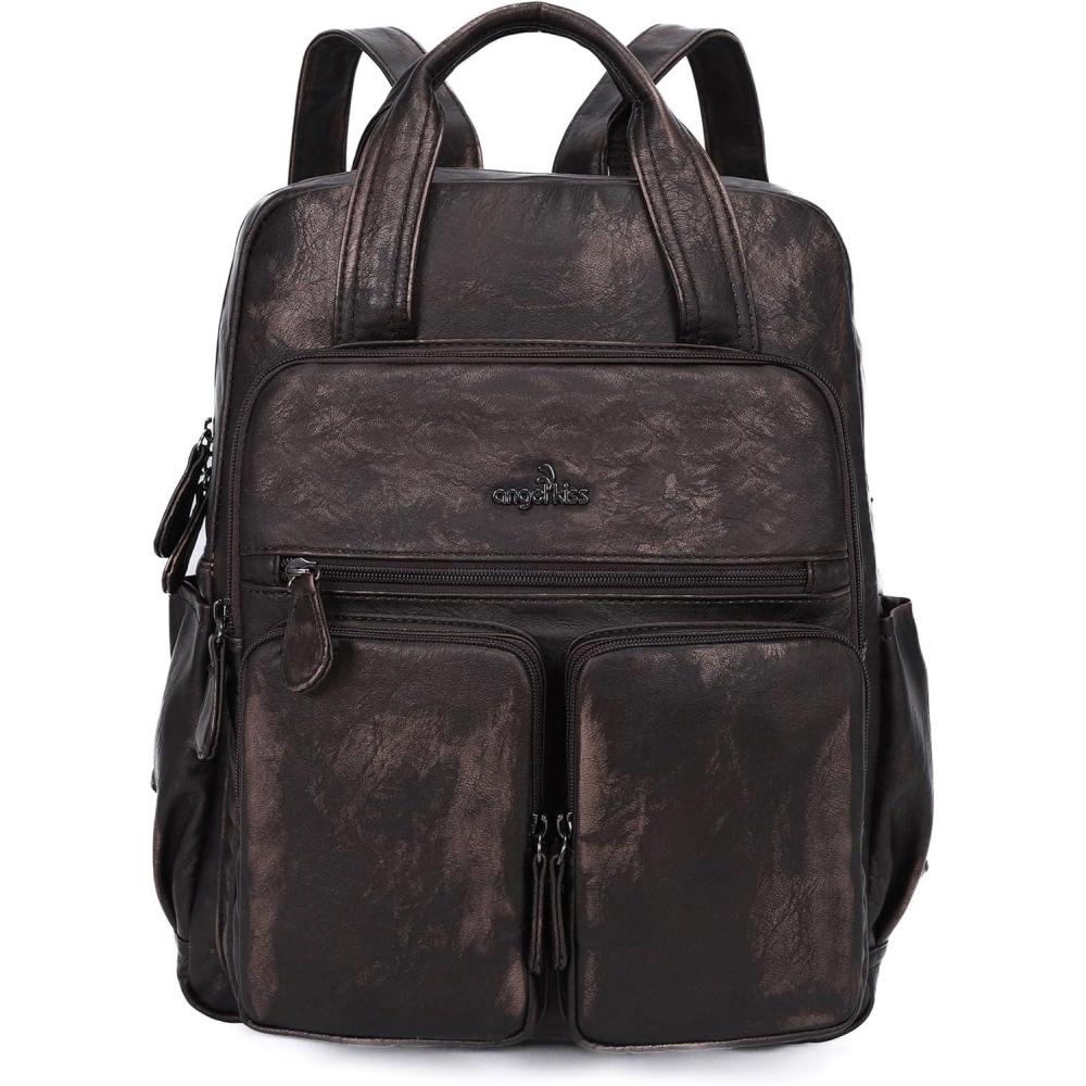 imageAngel Kiss Backpack Purse for Women Soft Washed Leather Multi Pocket Casual Travel BackpacksBronze