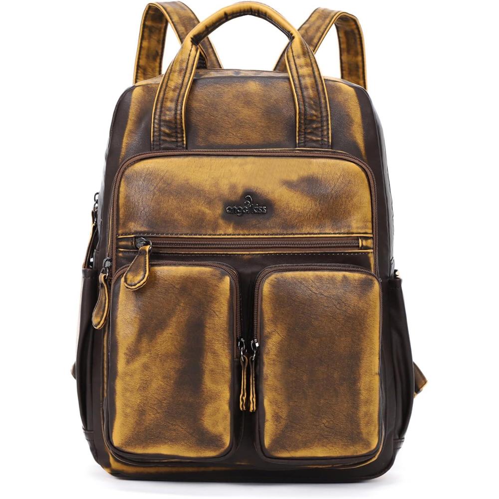 imageAngel Kiss Backpack Purse for Women Soft Washed Leather Multi Pocket Casual Travel BackpacksBrown
