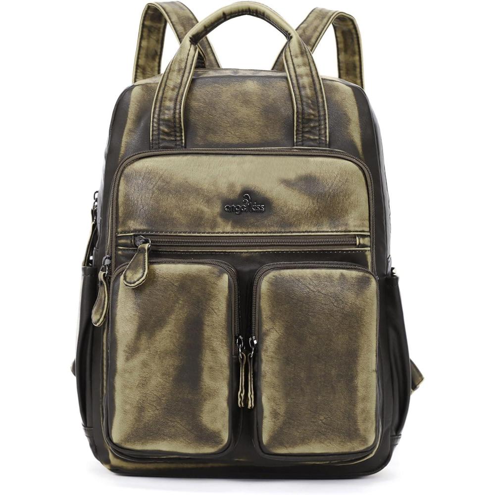 imageAngel Kiss Backpack Purse for Women Soft Washed Leather Multi Pocket Casual Travel BackpacksGreen