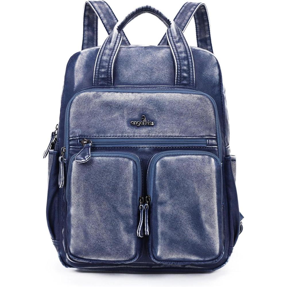 imageAngel Kiss Backpack Purse for Women Soft Washed Leather Multi Pocket Casual Travel BackpacksNavyblue