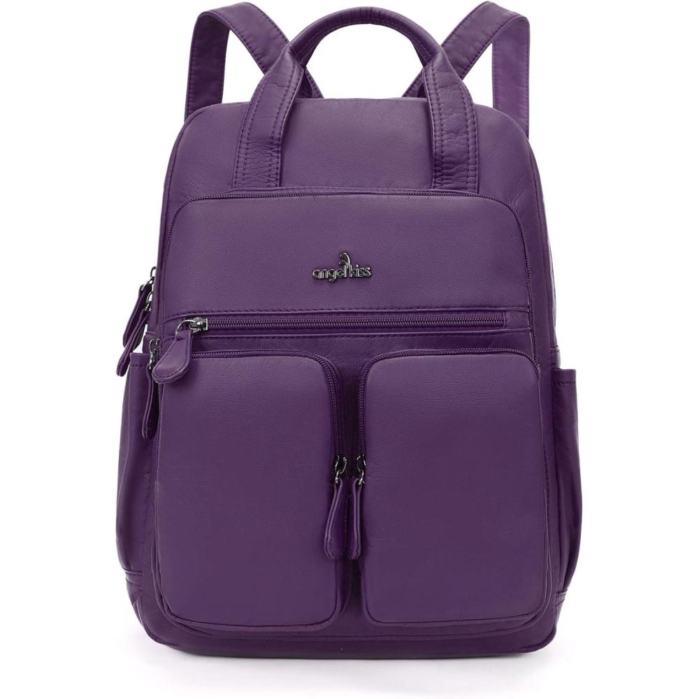 imageAngel Kiss Backpack Purse for Women Soft Washed Leather Multi Pocket Casual Travel BackpacksPurple