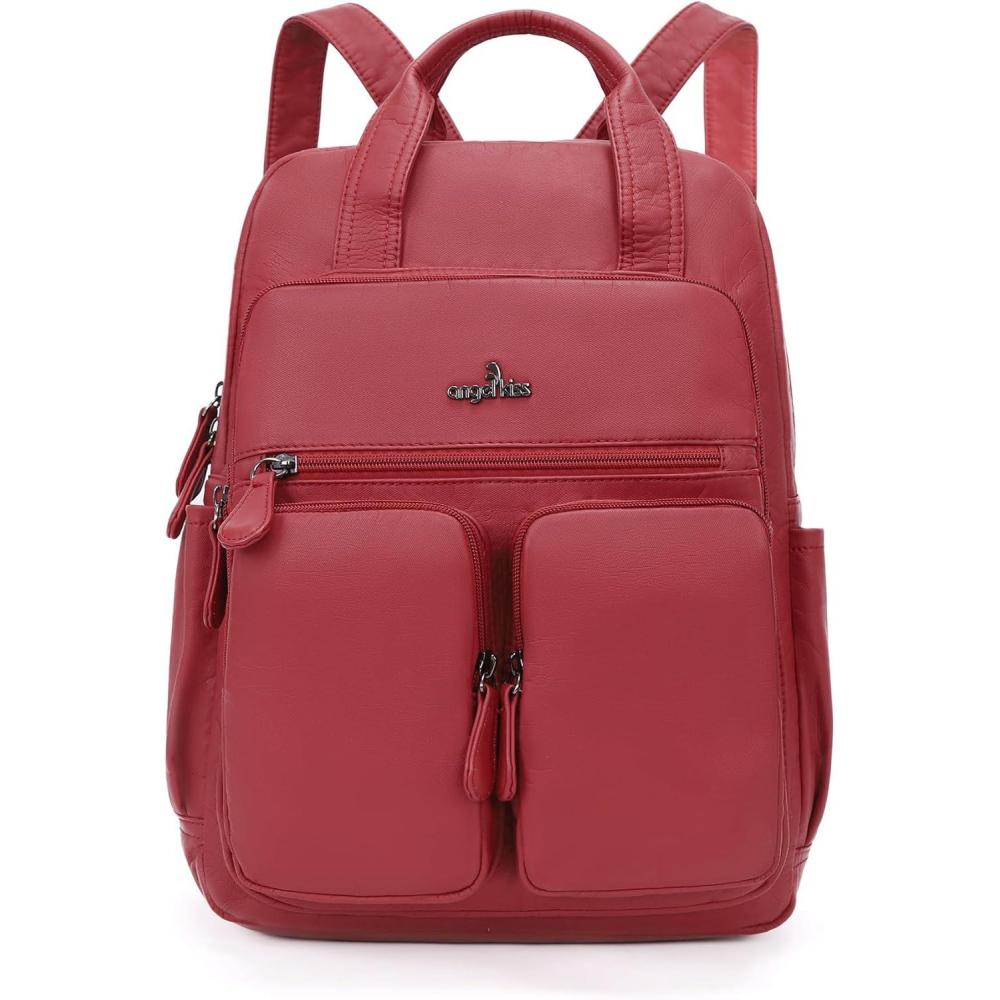 imageAngel Kiss Backpack Purse for Women Soft Washed Leather Multi Pocket Casual Travel BackpacksRed