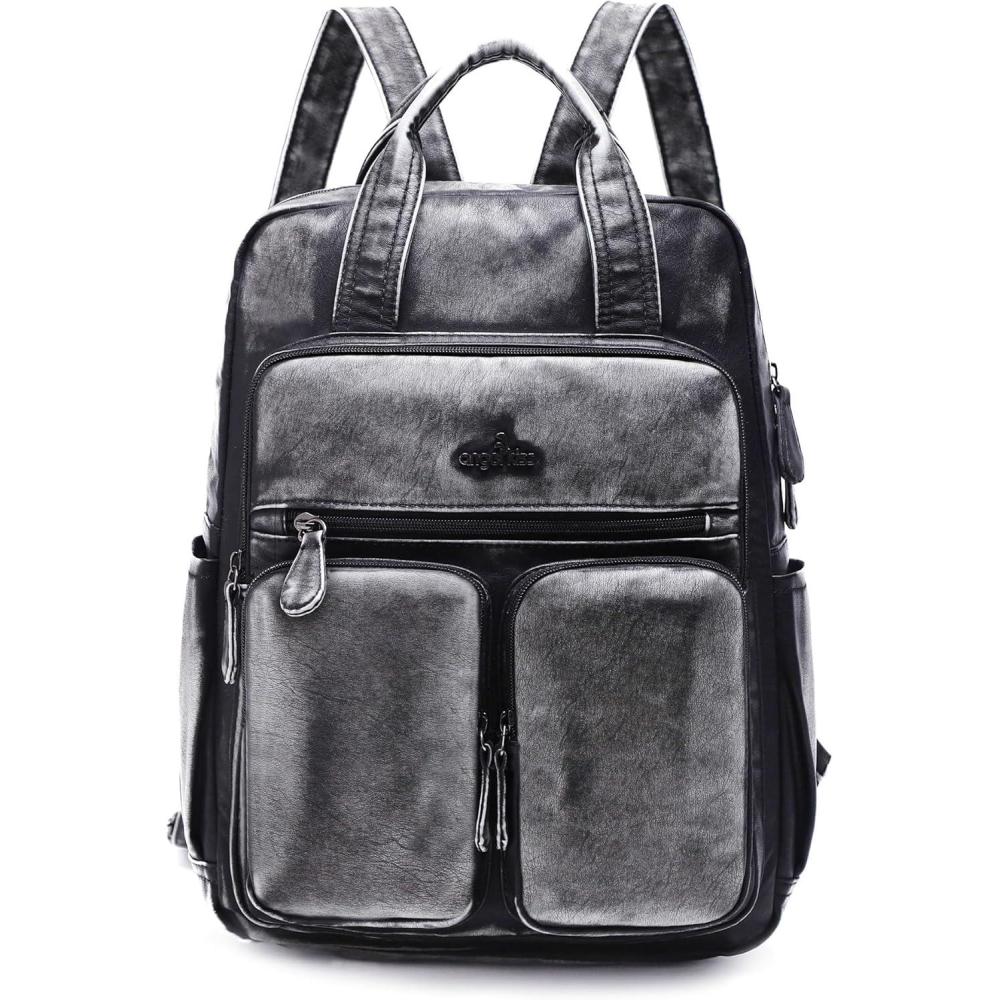 imageAngel Kiss Backpack Purse for Women Soft Washed Leather Multi Pocket Casual Travel BackpacksRetroblack