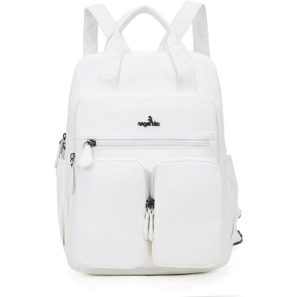 imageAngel Kiss Backpack Purse for Women Soft Washed Leather Multi Pocket Casual Travel BackpacksWhite