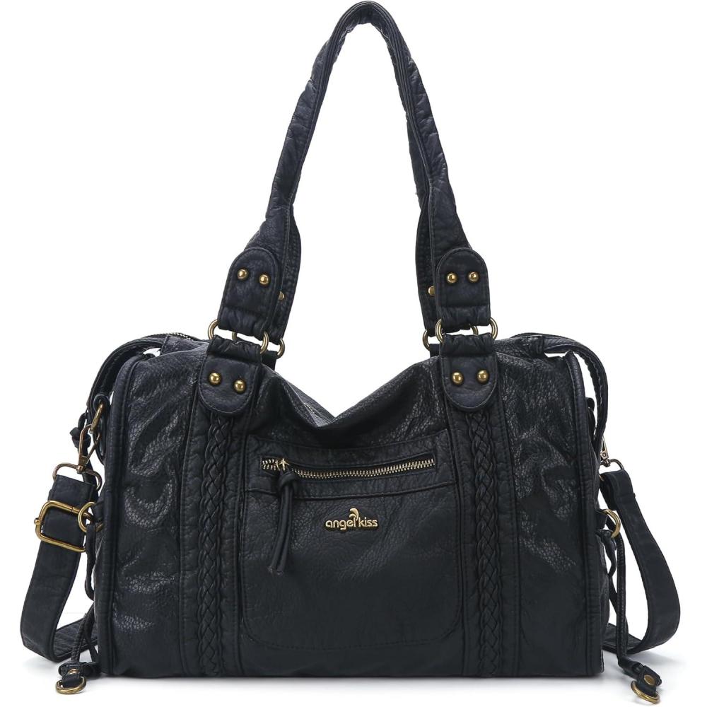 imageAngel Kiss Hobo Bags For Women Vegan Leather Hobo Satchel Handbags Large Tote Purses Shoulder BagBlack