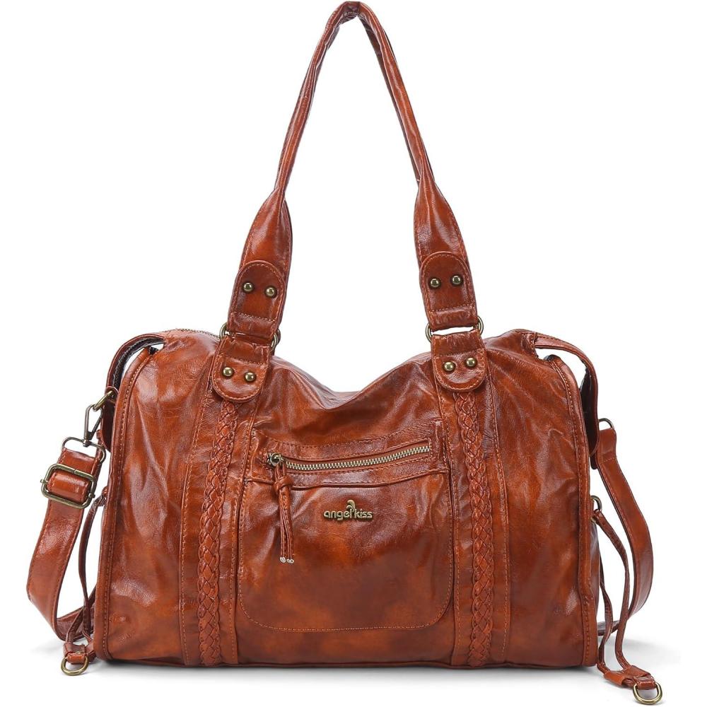 imageAngel Kiss Hobo Bags For Women Vegan Leather Hobo Satchel Handbags Large Tote Purses Shoulder BagBrown