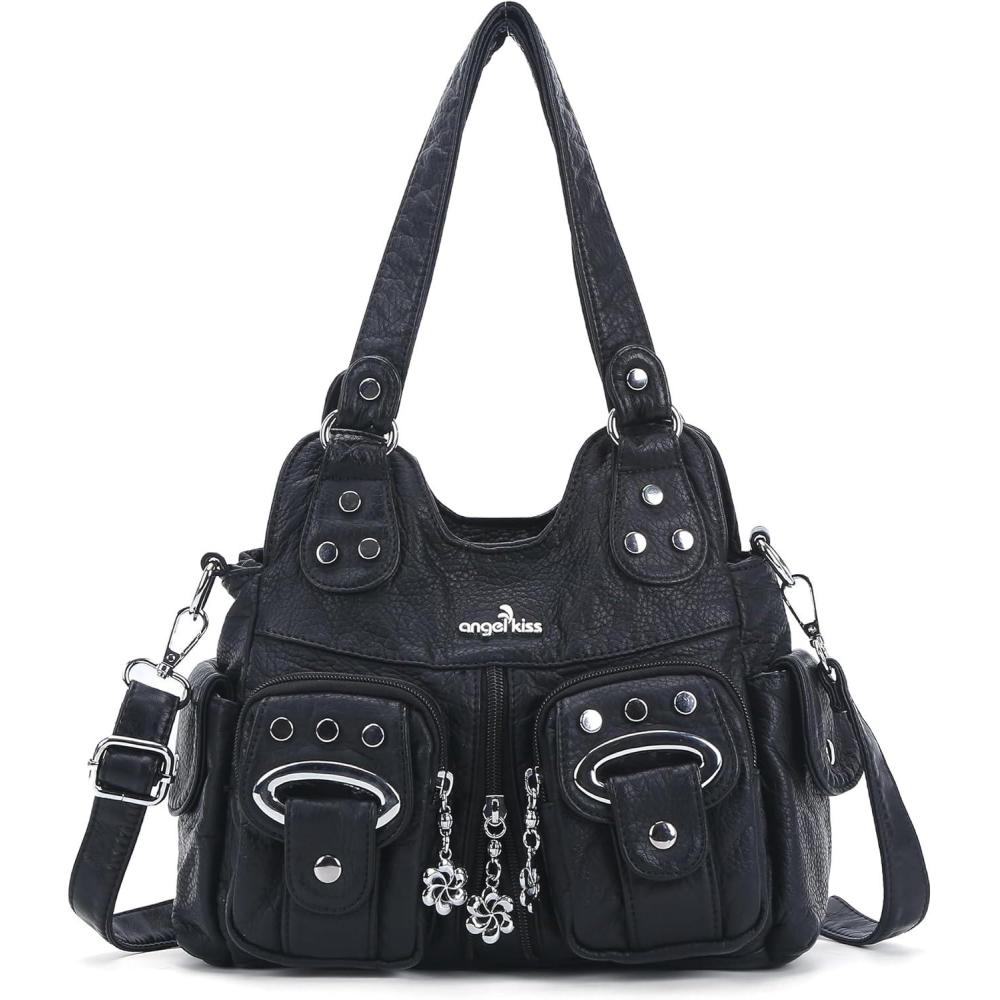 imageAngel Kiss Purses for Women Small Hobo Crossbody Bags MultiPocket Vegan Leather Hobo Handbags Tote Bag with Crossbody StrapBlack