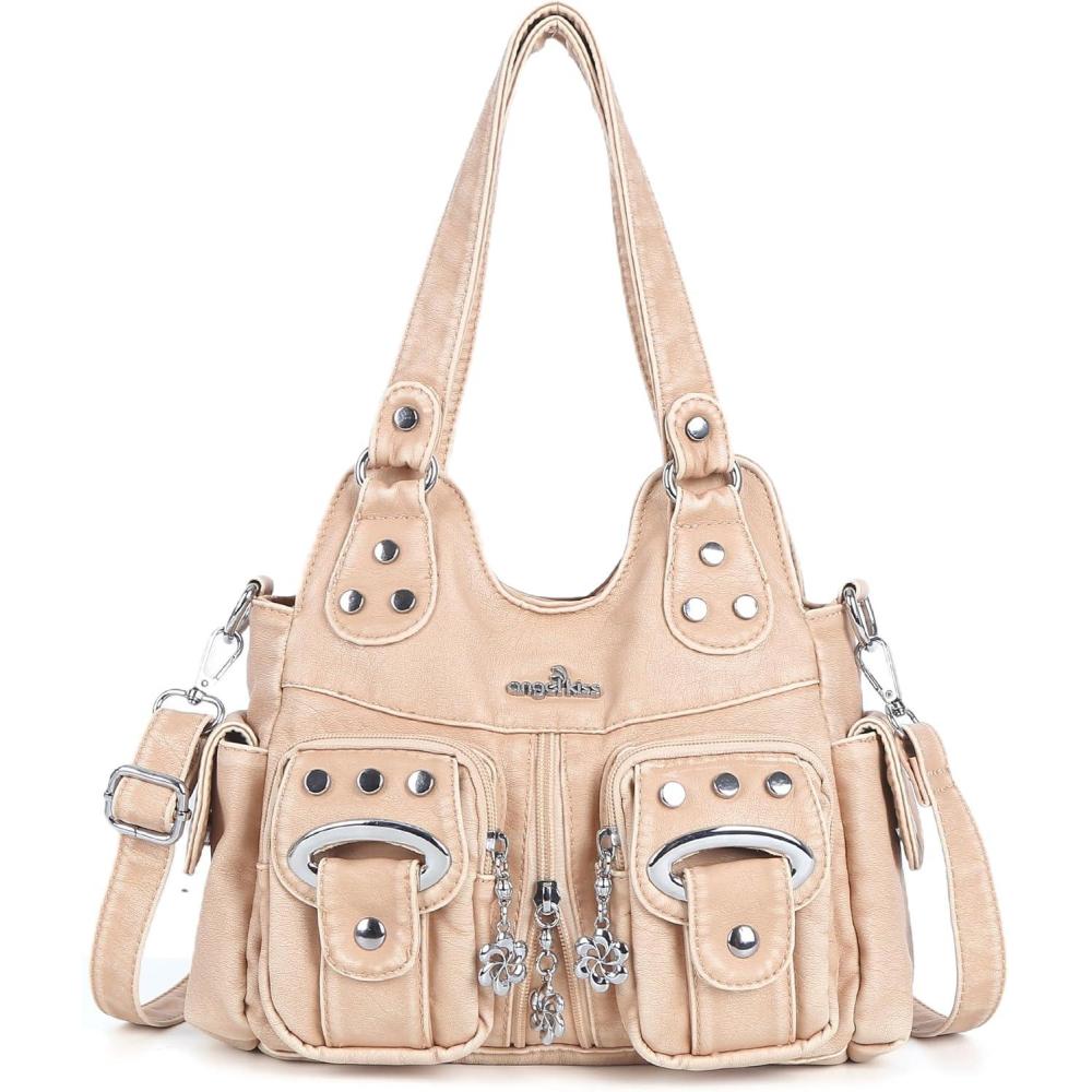 imageAngel Kiss Purses for Women Small Hobo Crossbody Bags MultiPocket Vegan Leather Hobo Handbags Tote Bag with Crossbody StrapRetro Apricot