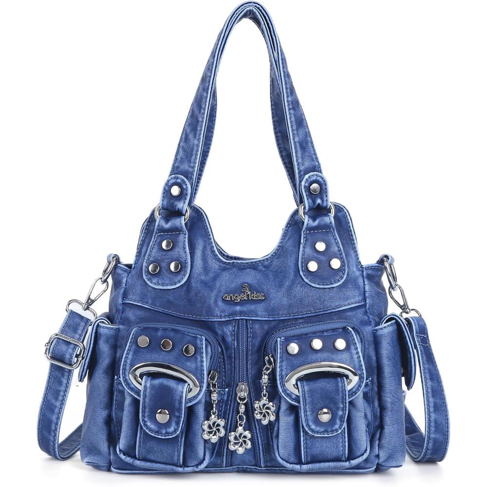 imageAngel Kiss Purses for Women Small Hobo Crossbody Bags MultiPocket Vegan Leather Hobo Handbags Tote Bag with Crossbody StrapRetro Blue