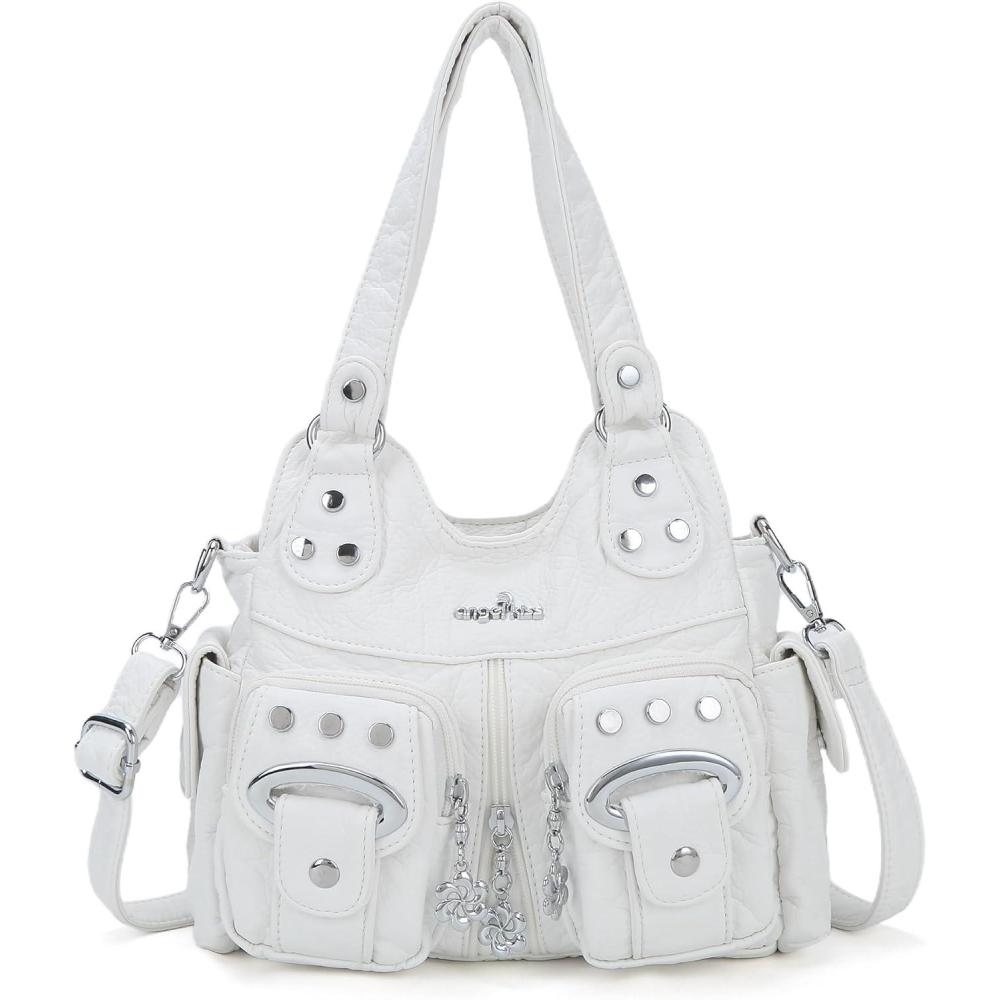 imageAngel Kiss Purses for Women Small Hobo Crossbody Bags MultiPocket Vegan Leather Hobo Handbags Tote Bag with Crossbody StrapWhite