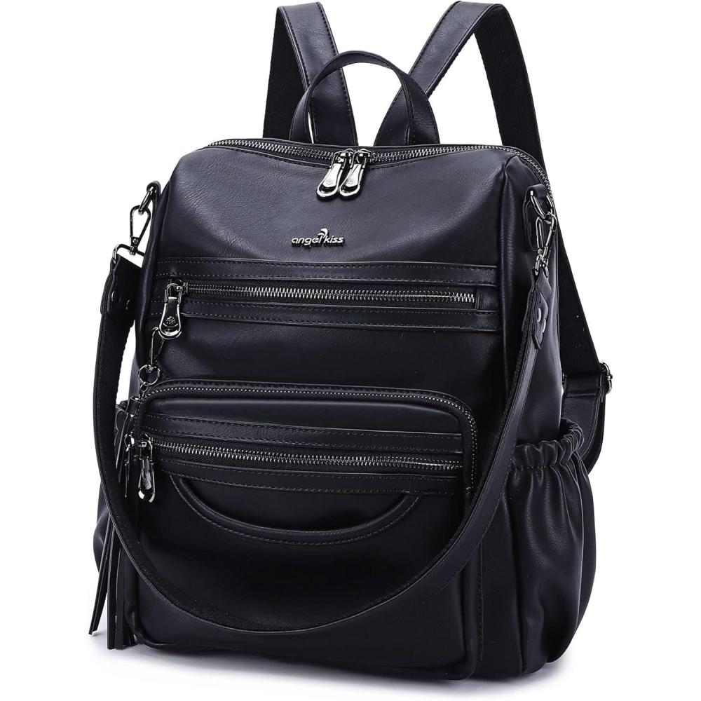 imageAngel Kiss Womens Backpacks ampamp Purse  PU Leather Zipper Casual Backpacks ampamp Shoulder Bags12black